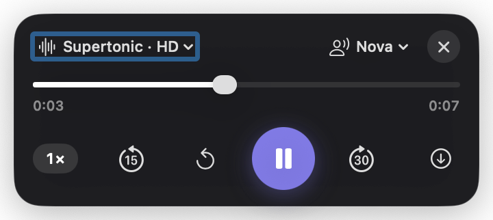 The real murmr Listen island on the Mac, mid-playback: Supertonic HD model, the Nova voice, a scrubber, 1× speed, 15- and 30-second skips, pause, and an audio download button.